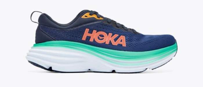 Navy, teal, and orange Hoka shoes.